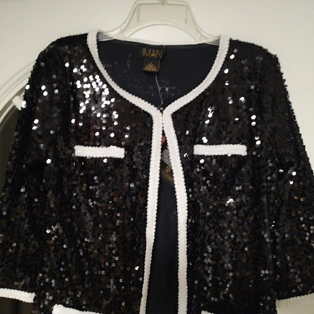 New Iman Black White Trim Sequin 3/4 Sleeve Jacket Size Women's M - Picture 2 of 3
